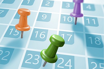 Events calendar illustration with push pins marking dates.